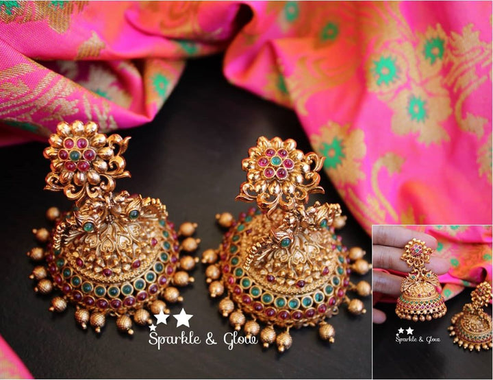 Kemp flower studded bridal Jhumuks - White - Sparkle and Glow - Green - 