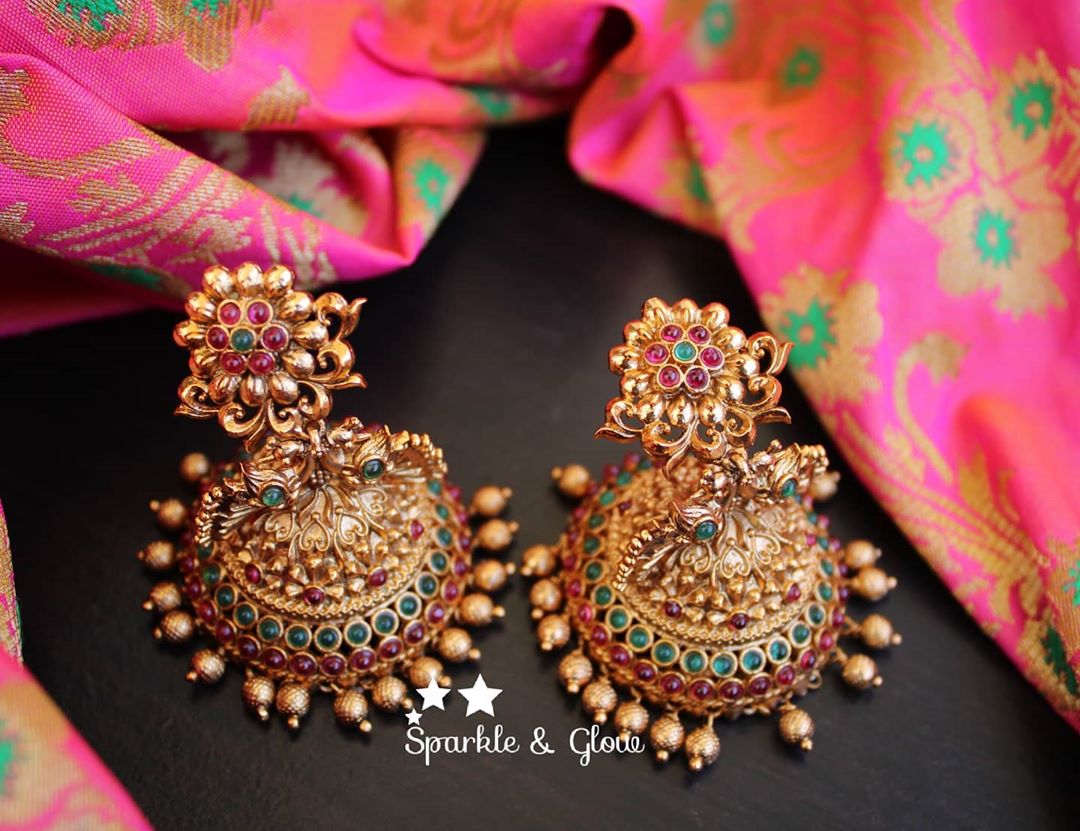 Kemp flower studded bridal Jhumuks - White - Sparkle and Glow - Red - Green - 