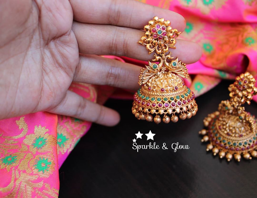 Kemp flower studded bridal Jhumuks - White - Sparkle and Glow - Red - 