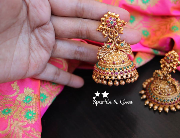 Kemp flower studded bridal Jhumuks - White - Sparkle and Glow - Red - 