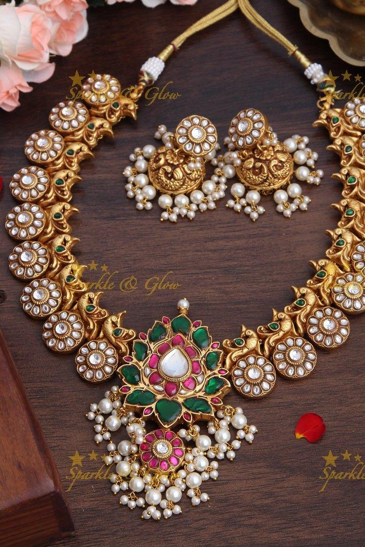 Jadau kundan Lotus floral mid length mid length haram - Ready TO ship - Sparkle and Glow