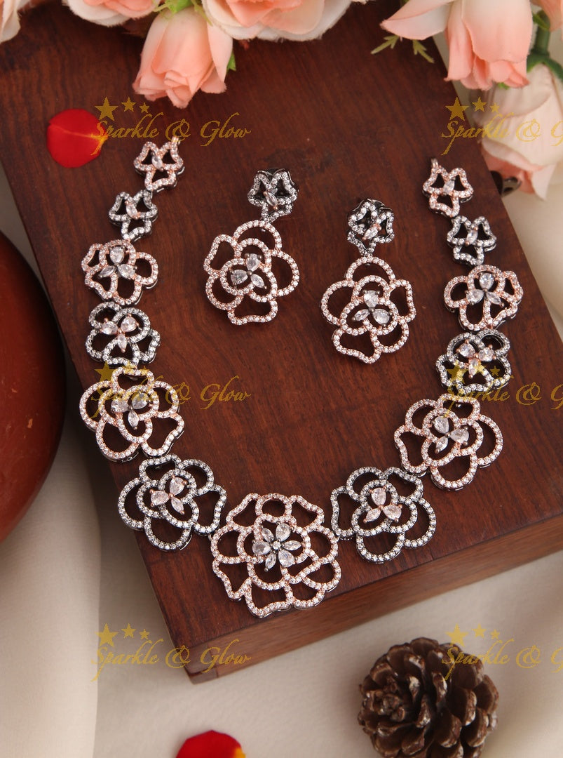Exclusive Black and Rose finish American Diamond Short Necklace