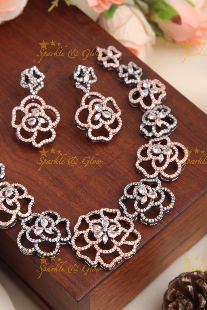 Exclusive Black and Rose finish American Diamond Short Necklace