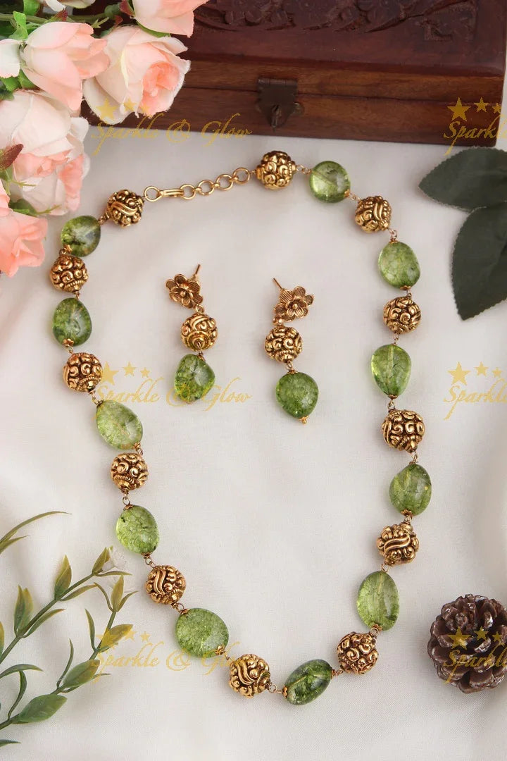 Antique Transparent Stone Gold Bead Necklace with Floral Studded Earrings - Sky Blue - Sparkle and Glow
