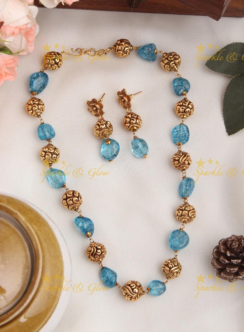 Antique Transparent Stone Gold Bead Necklace with Floral Studded Earrings - Sky Blue - Sparkle and Glow