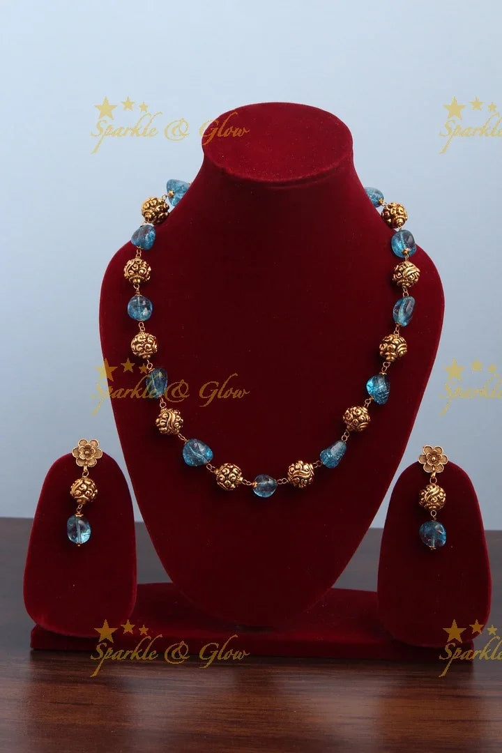 Antique Transparent Stone Gold Bead Necklace with Floral Studded Earrings - Sky Blue - Sparkle and Glow