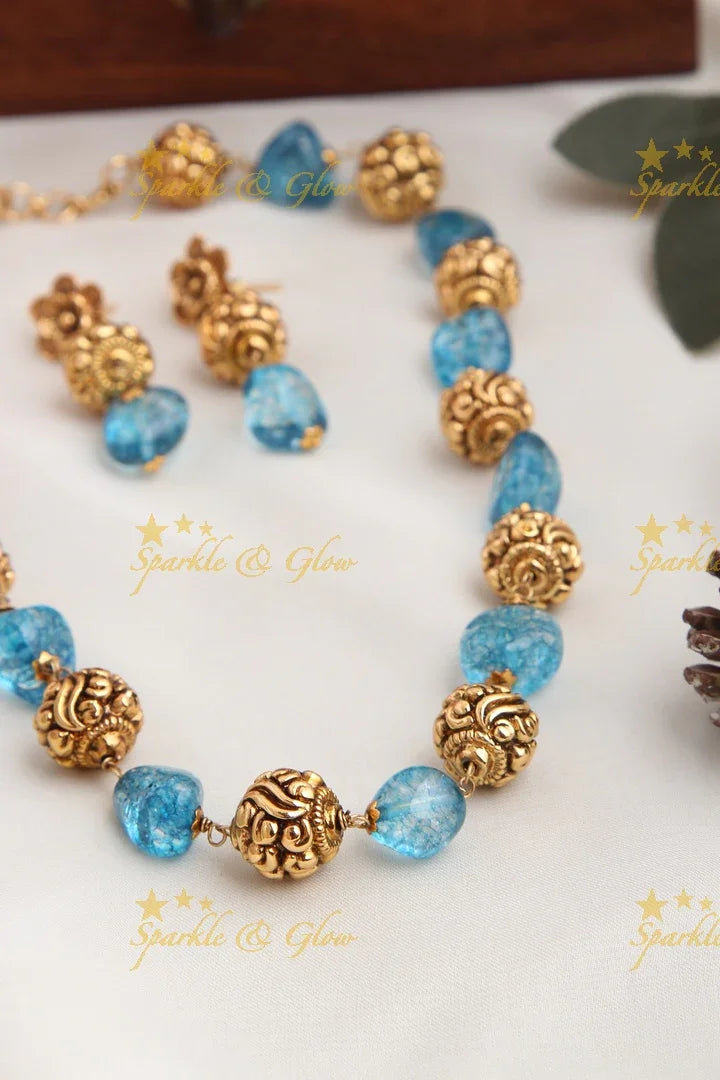 Antique Transparent Stone Gold Bead Necklace with Floral Studded Earrings - Sky Blue - Sparkle and Glow