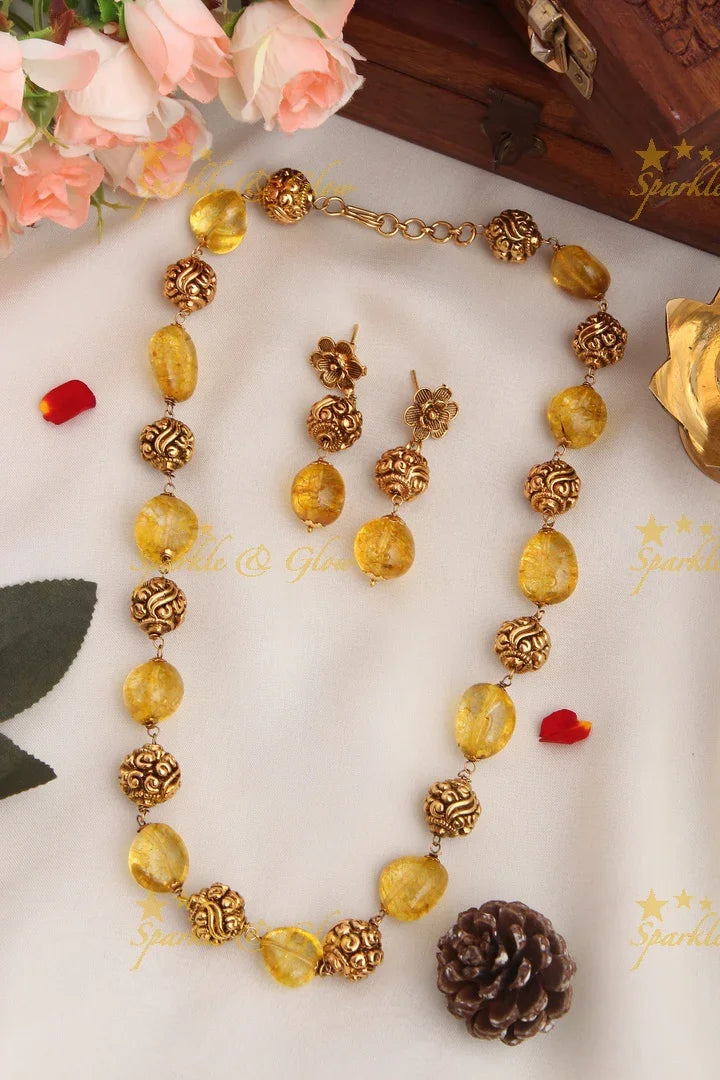 Antique Transparent Stone Gold Bead Necklace with Floral Studded Earrings - Sky Blue - Sparkle and Glow