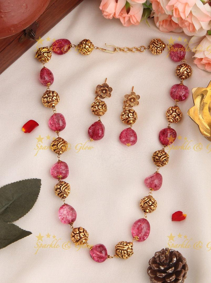 Antique Transparent Stone Gold Bead Necklace with Floral Studded Earrings - Sky Blue - Sparkle and Glow