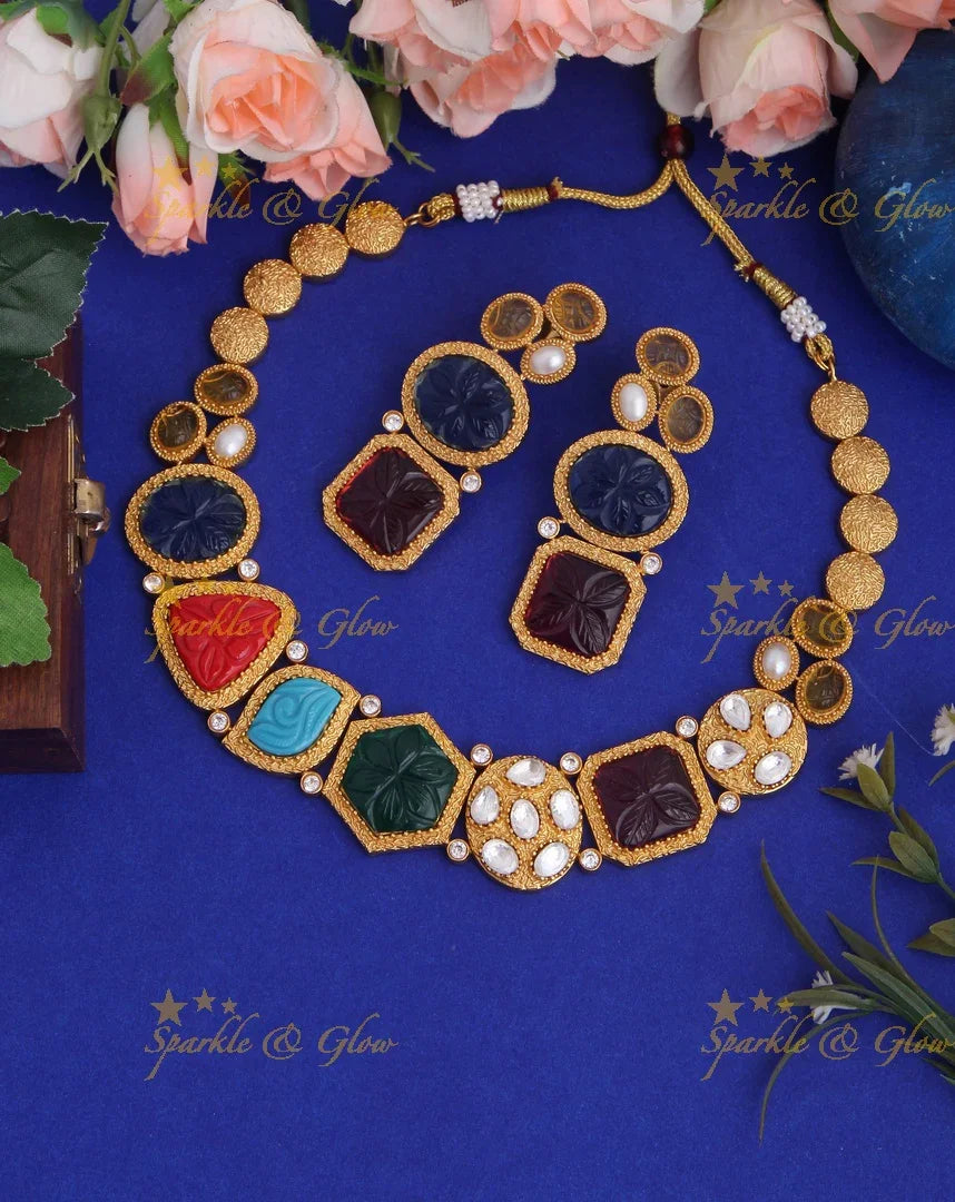Exclusive Gold Multi Color Necklace with Heavy Earrings - Sparkle and Glow