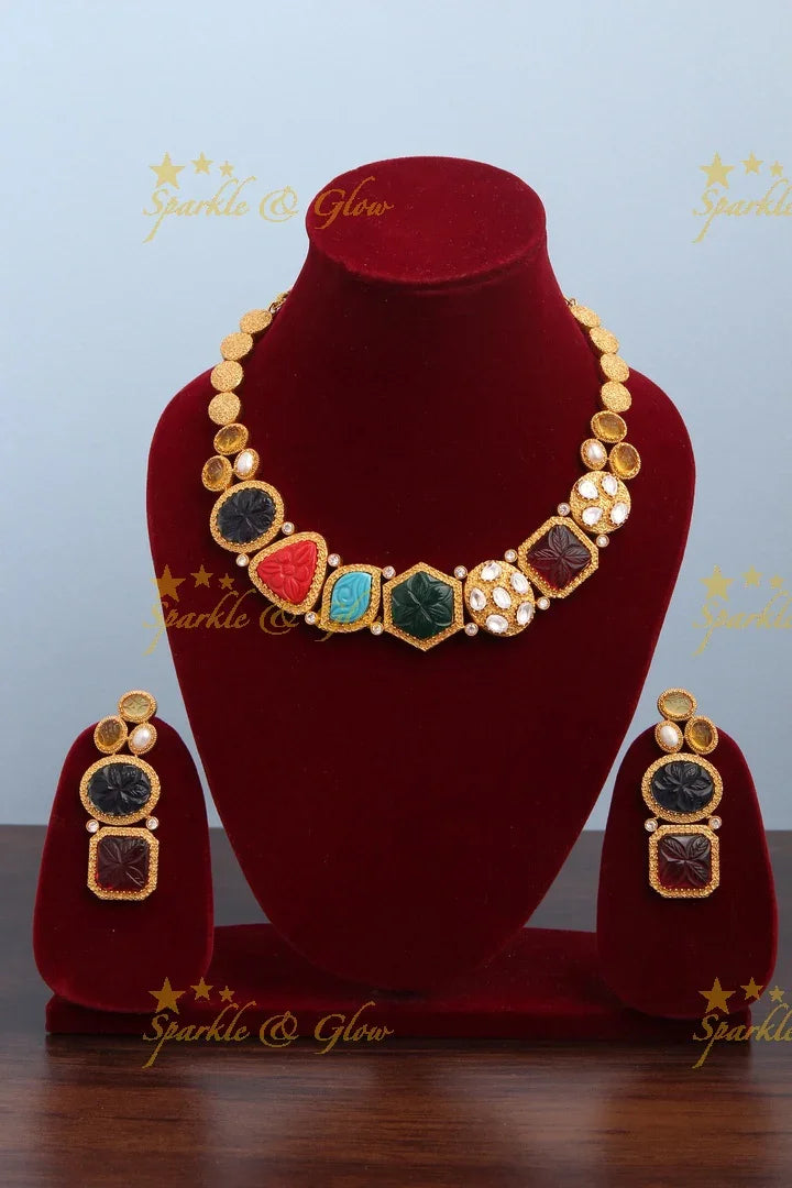 Exclusive Gold Multi Color Necklace with Heavy Earrings - Sparkle and Glow