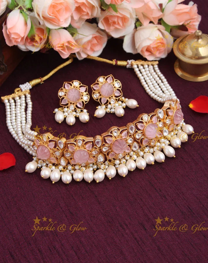 Gold High Neck Choker with Pearl beads - pink - Sparkle and Glow
