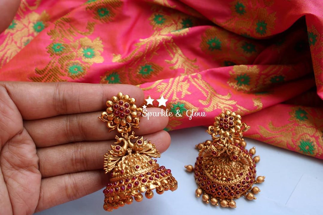 Kemp flower studded bridal Jhumuks - White - Sparkle and Glow - Red - 