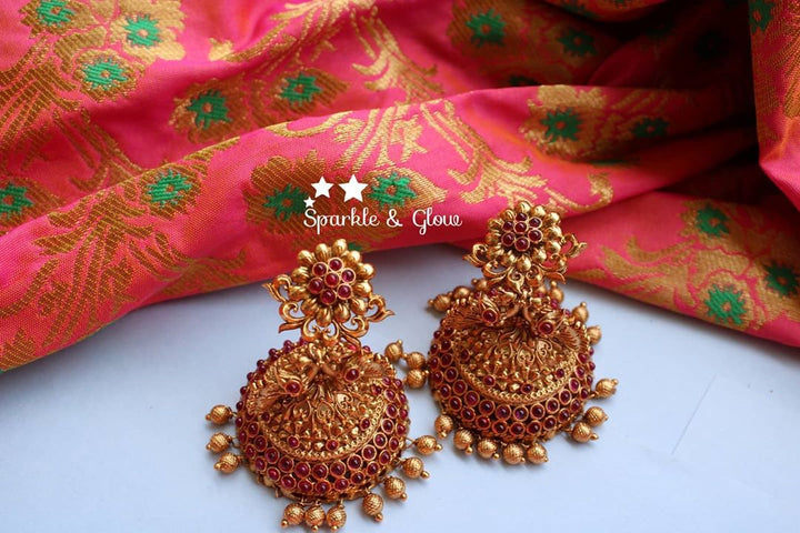 Kemp flower studded bridal Jhumuks - White - Sparkle and Glow - Green - 