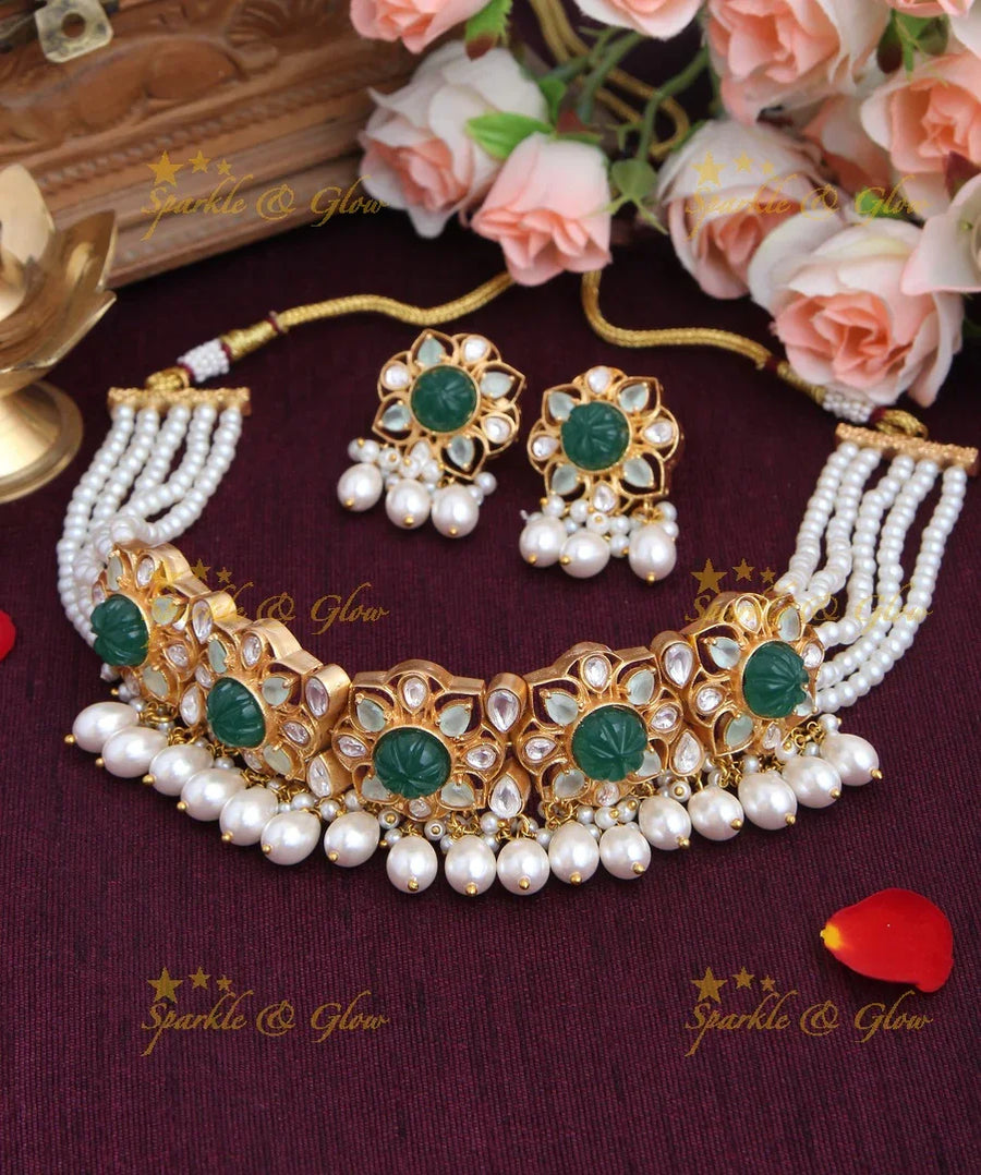 Gold High Neck Choker with Pearl beads - pink - Sparkle and Glow