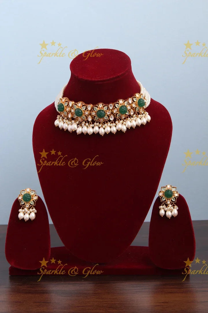 Gold High Neck Choker with Pearl beads - pink - Sparkle and Glow