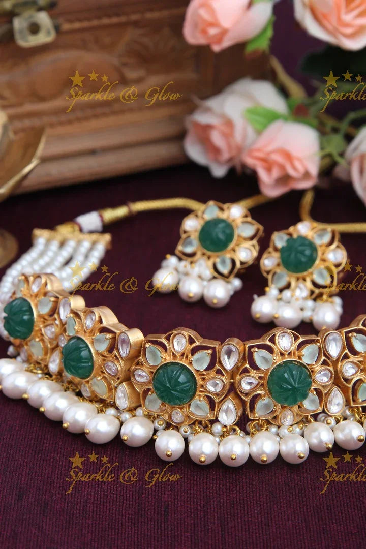 Gold High Neck Choker with Pearl beads - pink - Sparkle and Glow