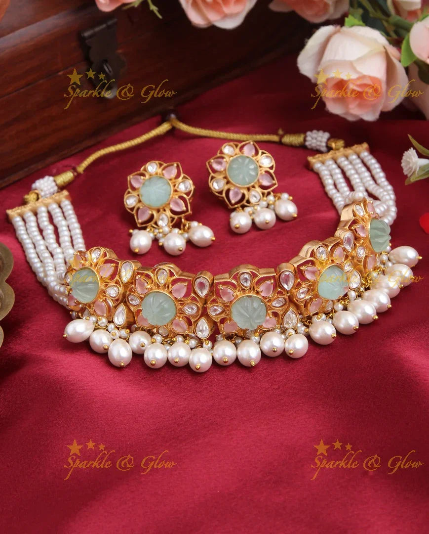 Gold High Neck Choker with Pearl beads - pink - Sparkle and Glow