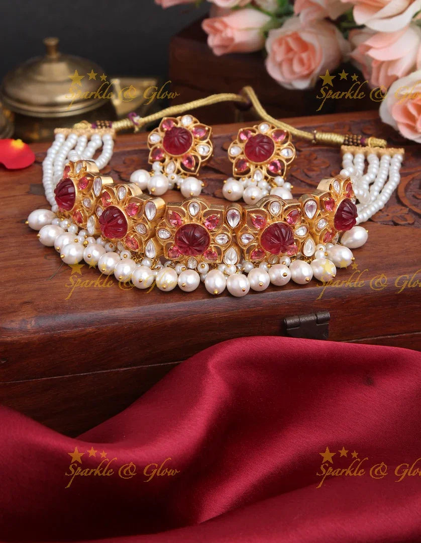 Gold High Neck Choker with Pearl beads - pink - Sparkle and Glow