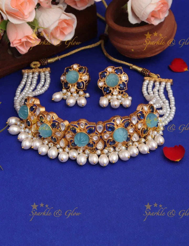 Gold High Neck Choker with Pearl beads - pink - Sparkle and Glow