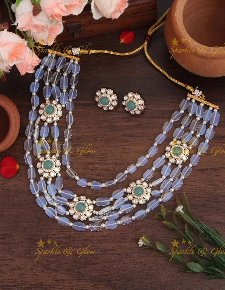Multi Layered beaded Floral Necklace with Floral Studded Earrings - Green - Sparkle and Glow