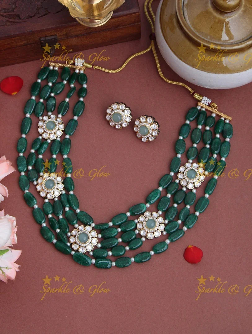 Multi Layered beaded Floral Necklace with Floral Studded Earrings - Green - Sparkle and Glow
