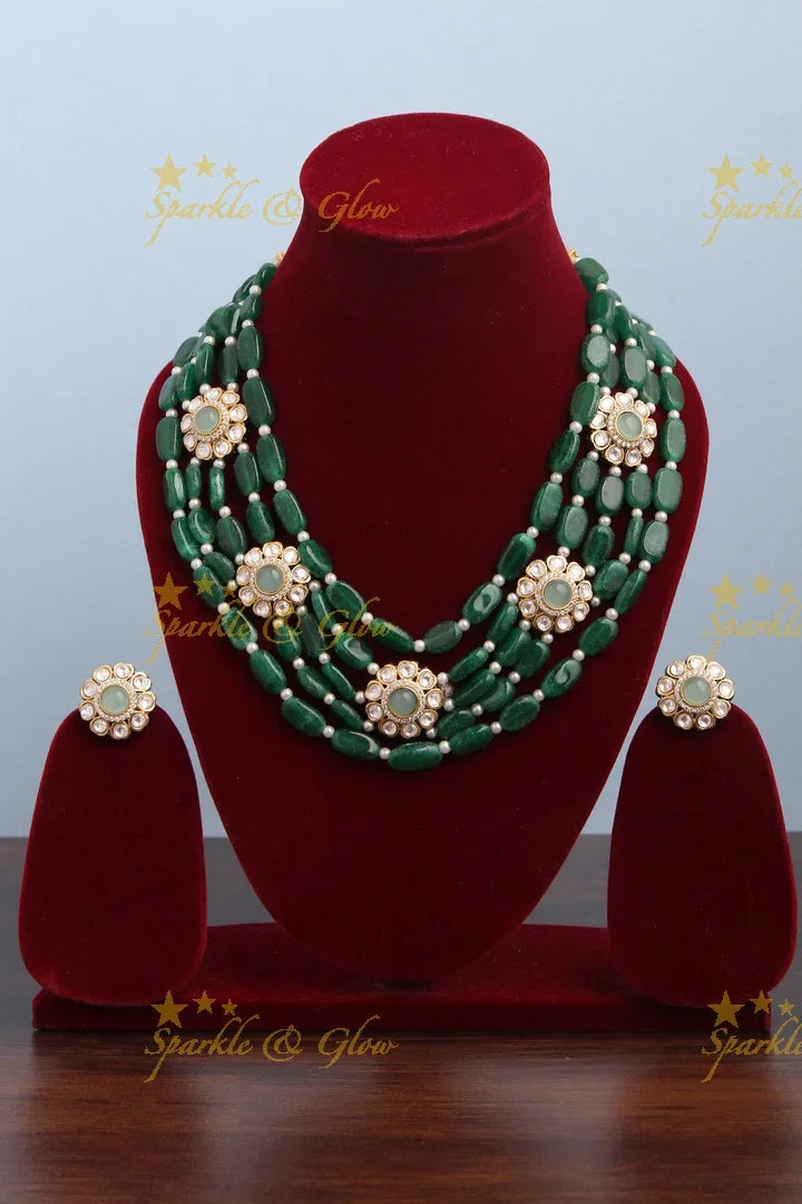 Multi Layered beaded Floral Necklace with Floral Studded Earrings - Green - Sparkle and Glow