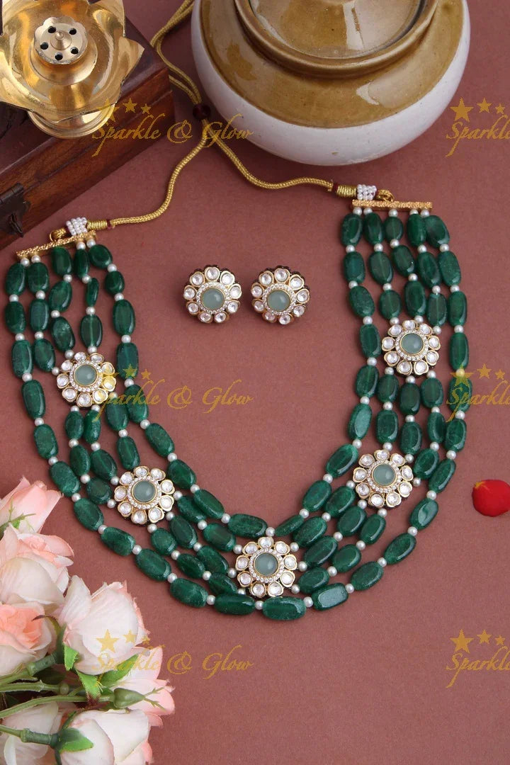 Multi Layered beaded Floral Necklace with Floral Studded Earrings - Green - Sparkle and Glow