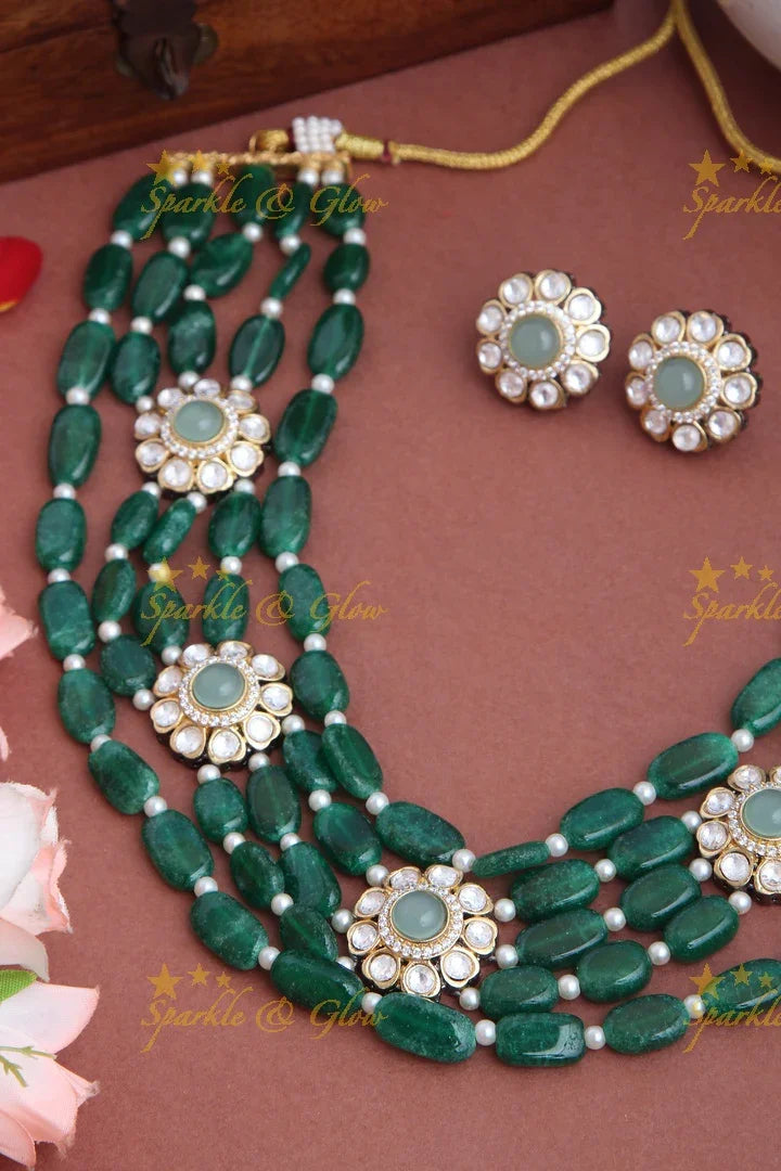 Multi Layered beaded Floral Necklace with Floral Studded Earrings - Green - Sparkle and Glow