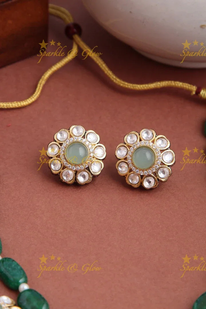 Multi Layered beaded Floral Necklace with Floral Studded Earrings - Green - Sparkle and Glow