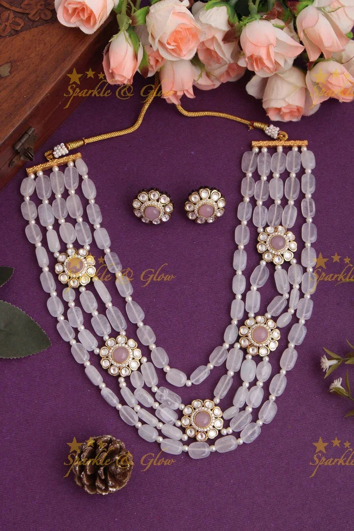 Multi Layered beaded Floral Necklace with Floral Studded Earrings - Green - Sparkle and Glow