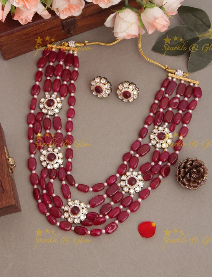 Multi Layered beaded Floral Necklace with Floral Studded Earrings - Green - Sparkle and Glow