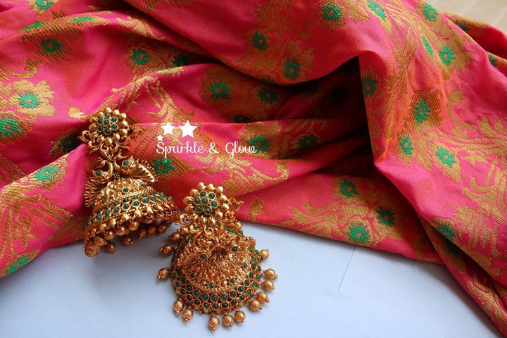 Kemp flower studded bridal Jhumuks - White - Sparkle and Glow - Green - 