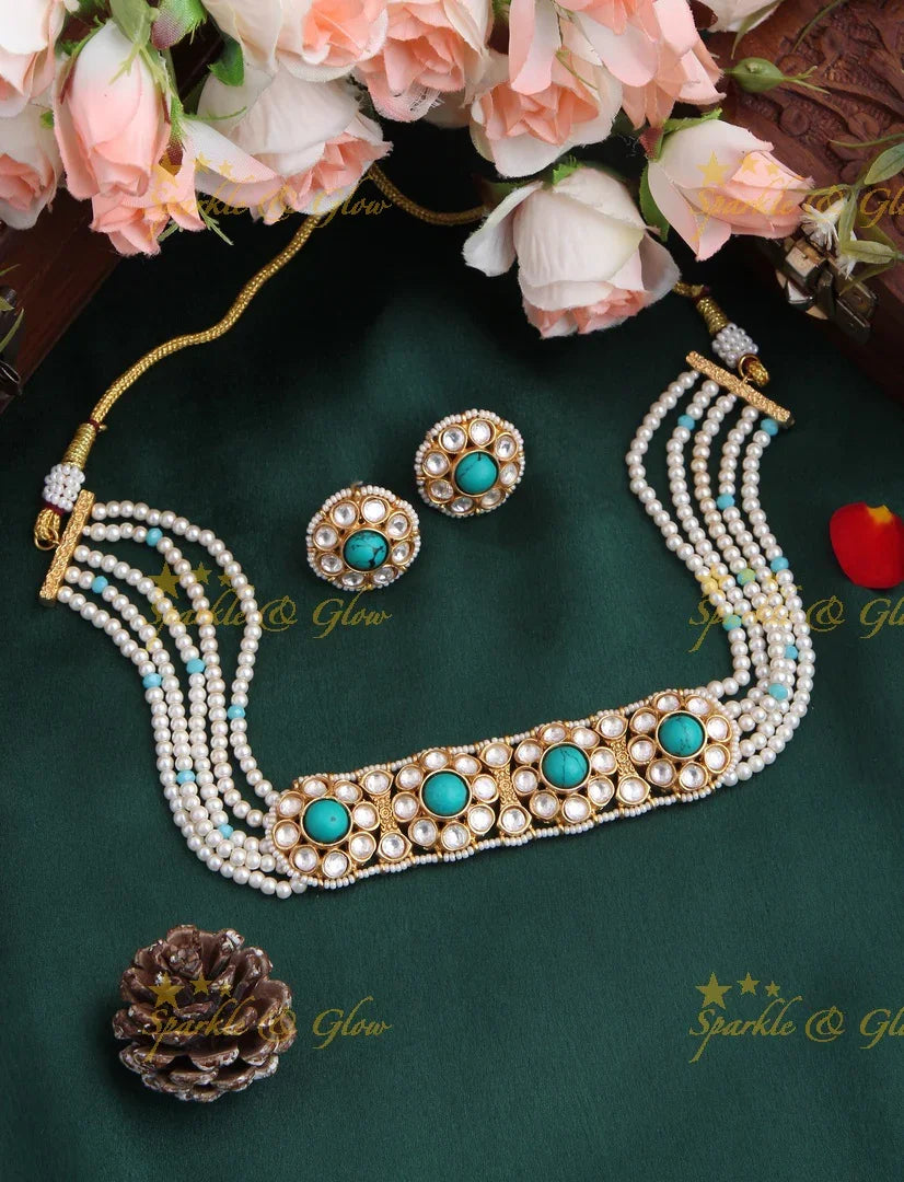 Gold High Neck Floral Pearl Choker with Floral Studded Earrings - Red - Sparkle and Glow