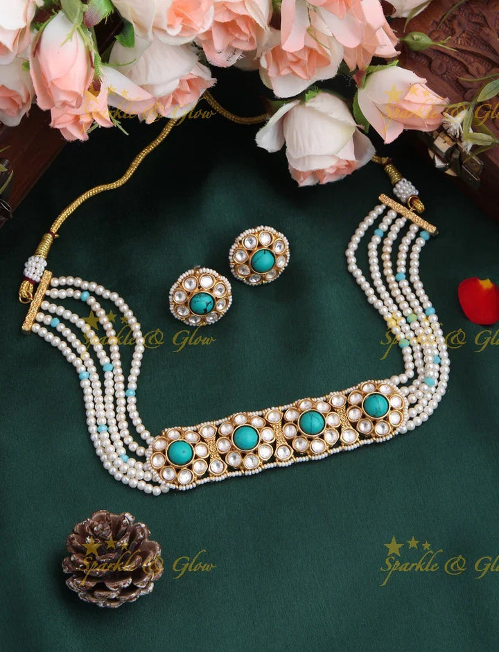 Gold High Neck Floral Pearl Choker with Floral Studded Earrings - Red - Sparkle and Glow