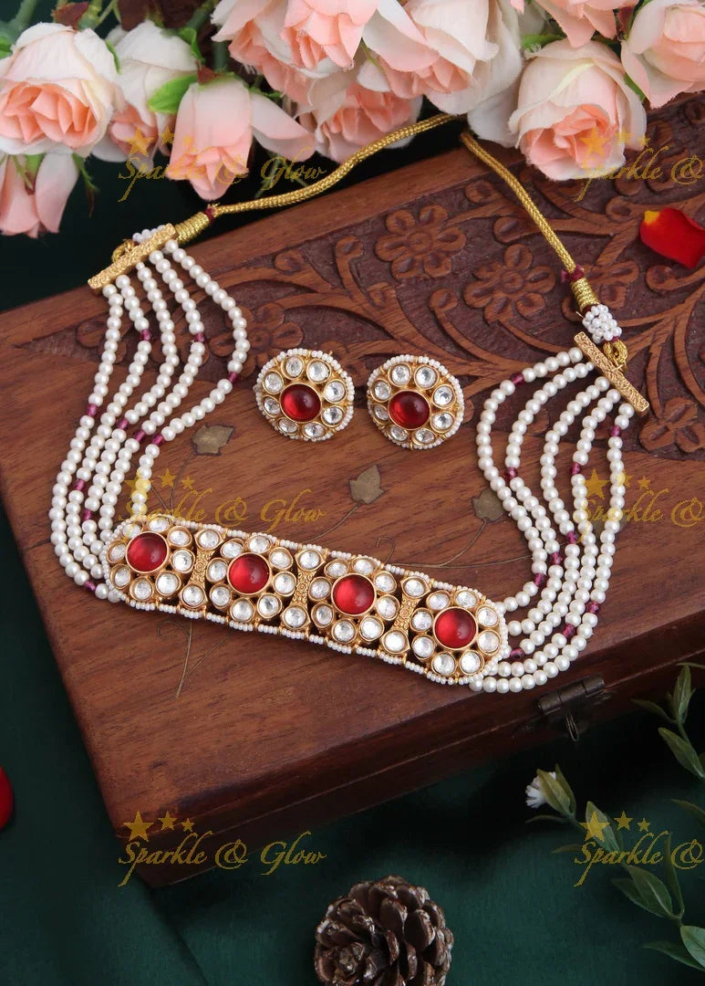Gold High Neck Floral Pearl Choker with Floral Studded Earrings - Red - Sparkle and Glow