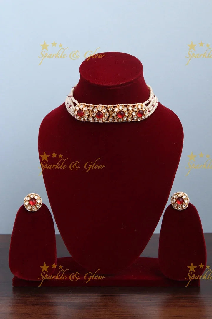 Gold High Neck Floral Pearl Choker with Floral Studded Earrings - Red - Sparkle and Glow