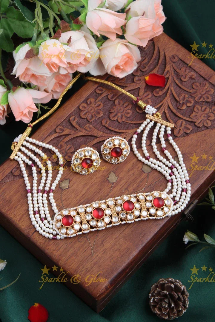 Gold High Neck Floral Pearl Choker with Floral Studded Earrings - Red - Sparkle and Glow
