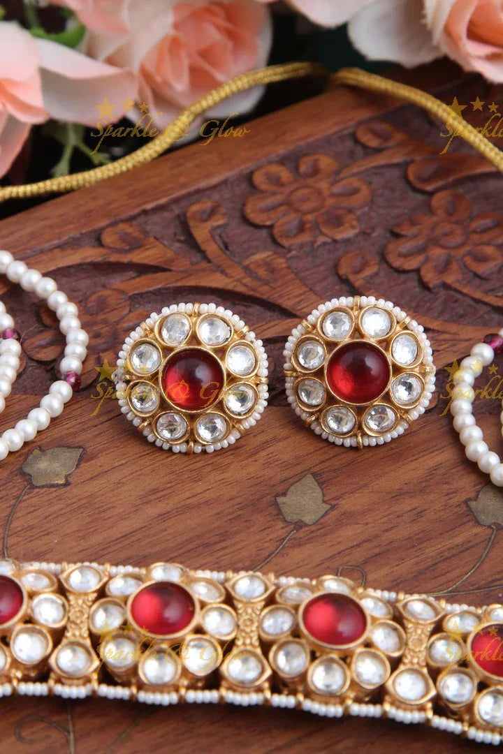 Gold High Neck Floral Pearl Choker with Floral Studded Earrings - Red - Sparkle and Glow