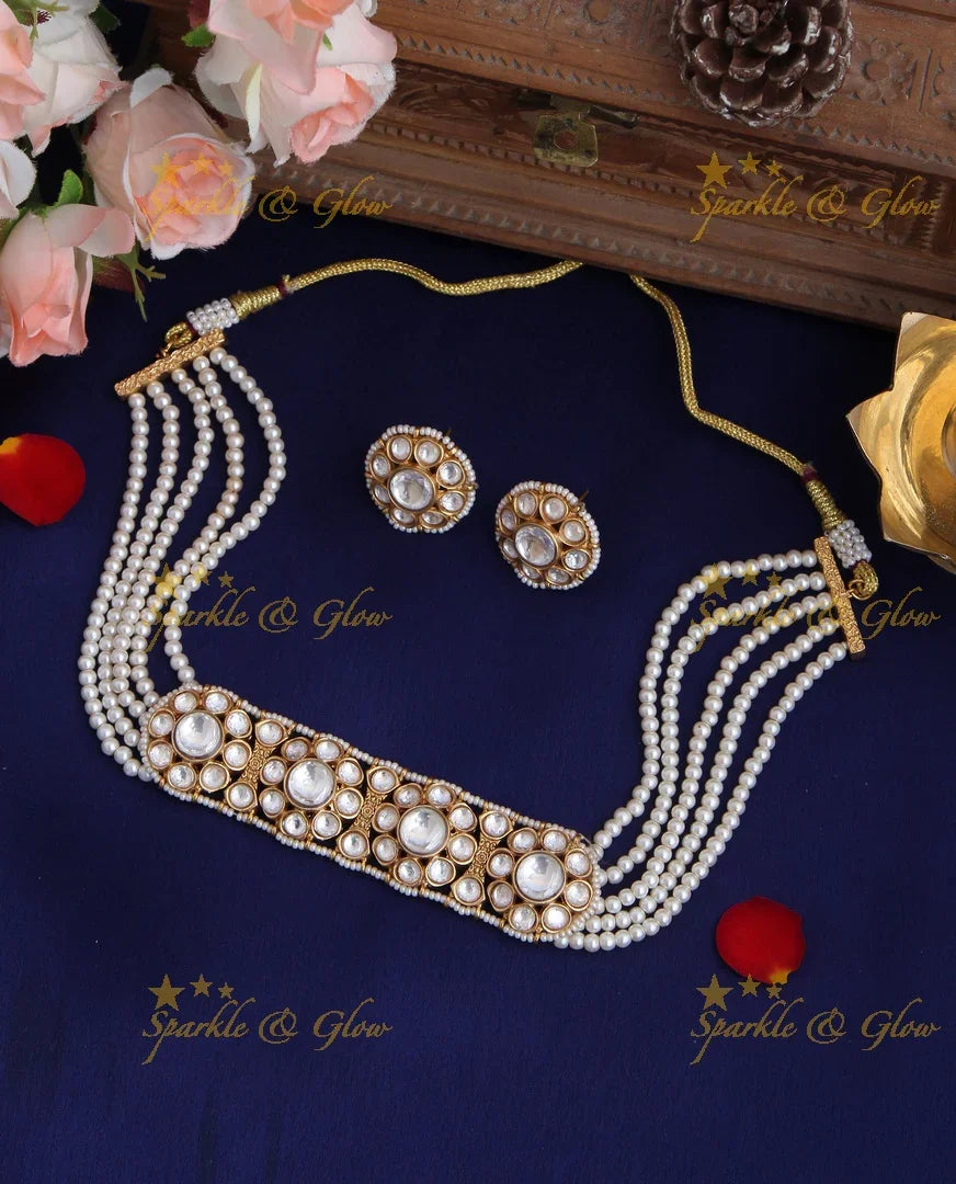 Gold High Neck Floral Pearl Choker with Floral Studded Earrings - Red - Sparkle and Glow