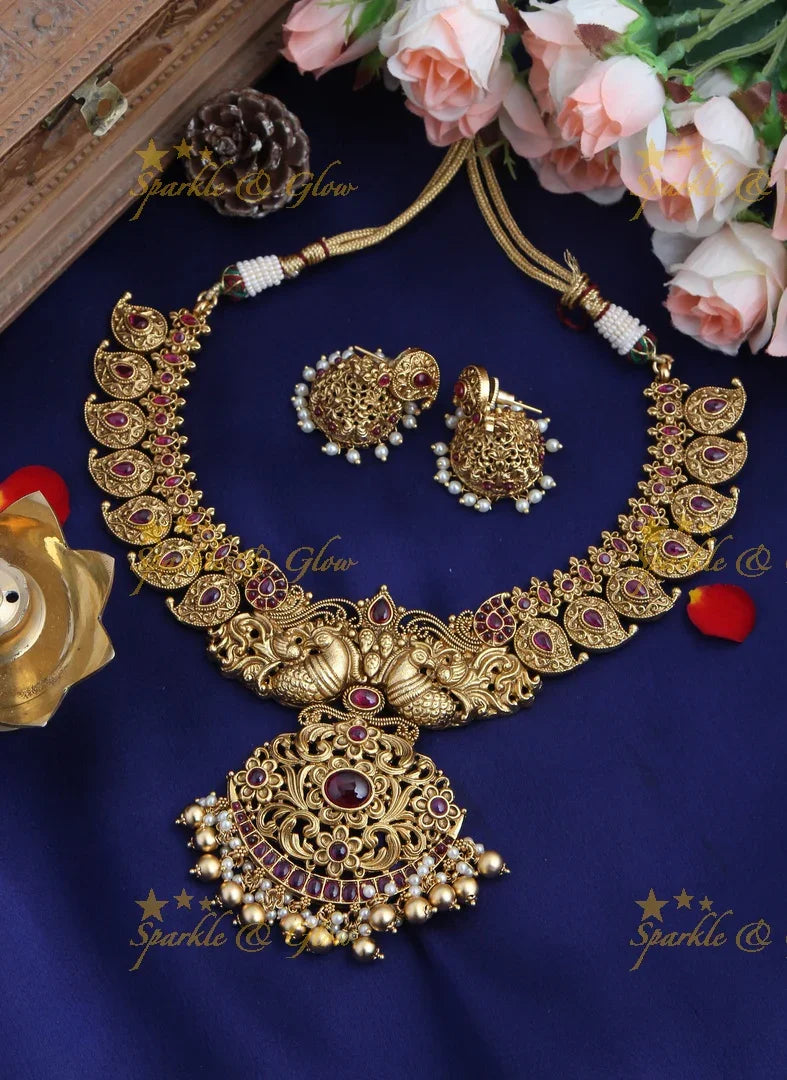Gold Alike Peacock Mango Kemp Necklace - Sparkle and Glow