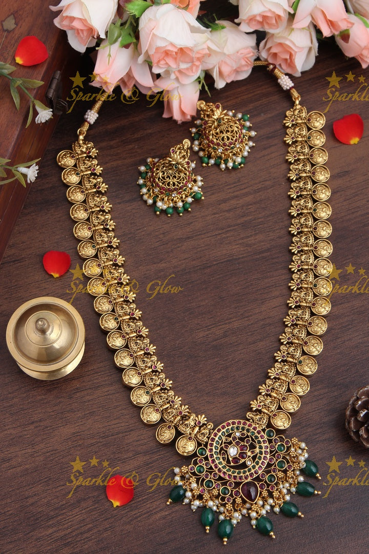 Intricately carved Gold alike Peacock Long Coin Necklace with Green beads