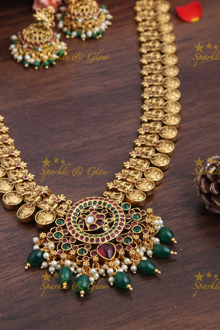 Intricately carved Gold alike Peacock Long Coin Necklace with Green beads