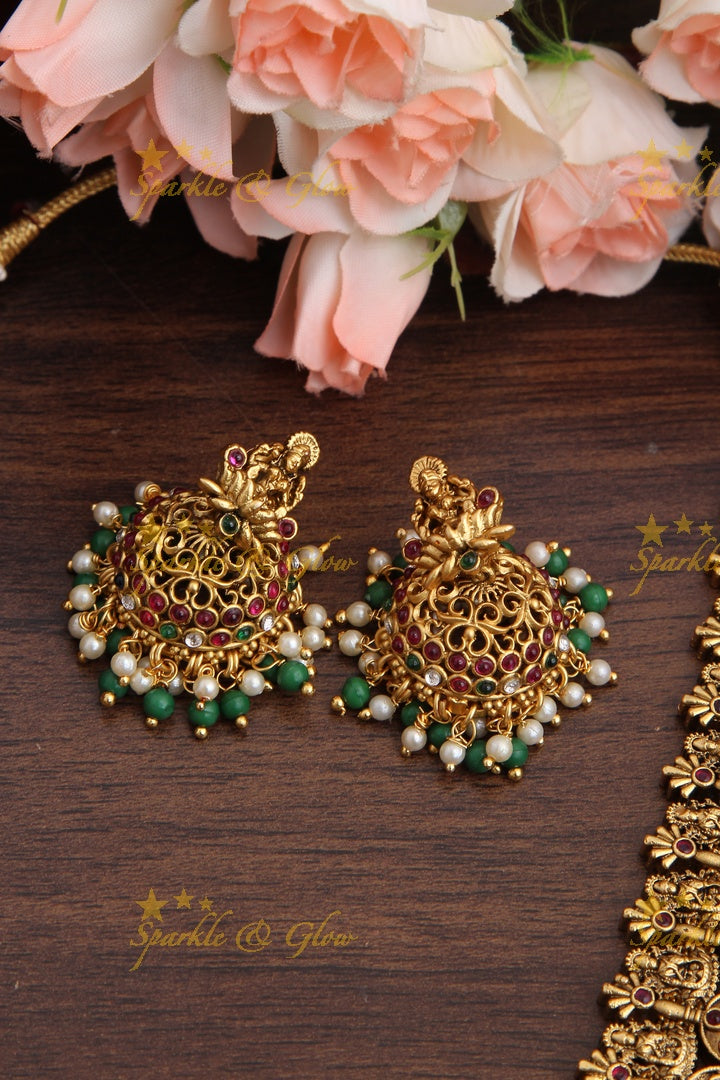 Intricately carved Gold alike Peacock Long Coin Necklace with Green beads