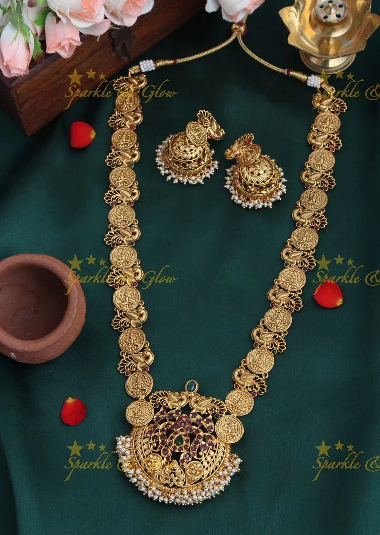 Gold alike polished coin and peacock design haram with kemp stones - Sparkle and Glow