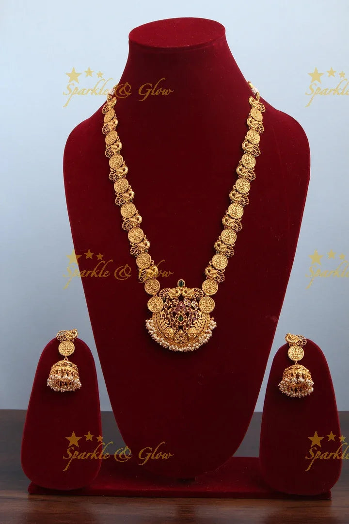 Gold alike polished coin and peacock design haram with kemp stones - Sparkle and Glow