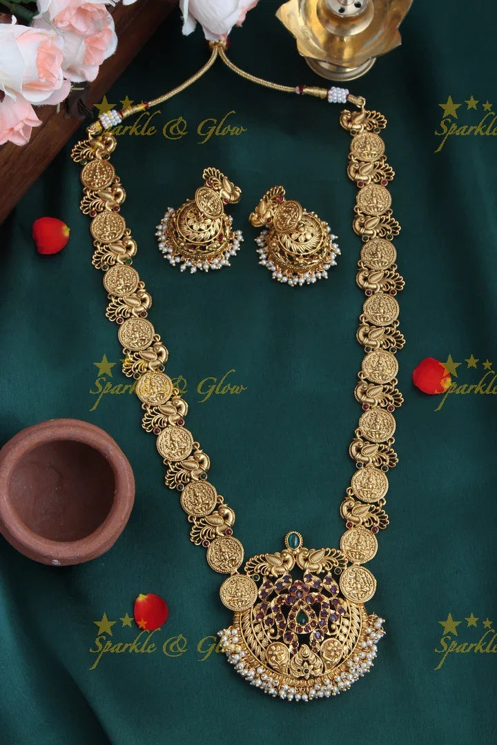 Gold alike polished coin and peacock design haram with kemp stones - Sparkle and Glow