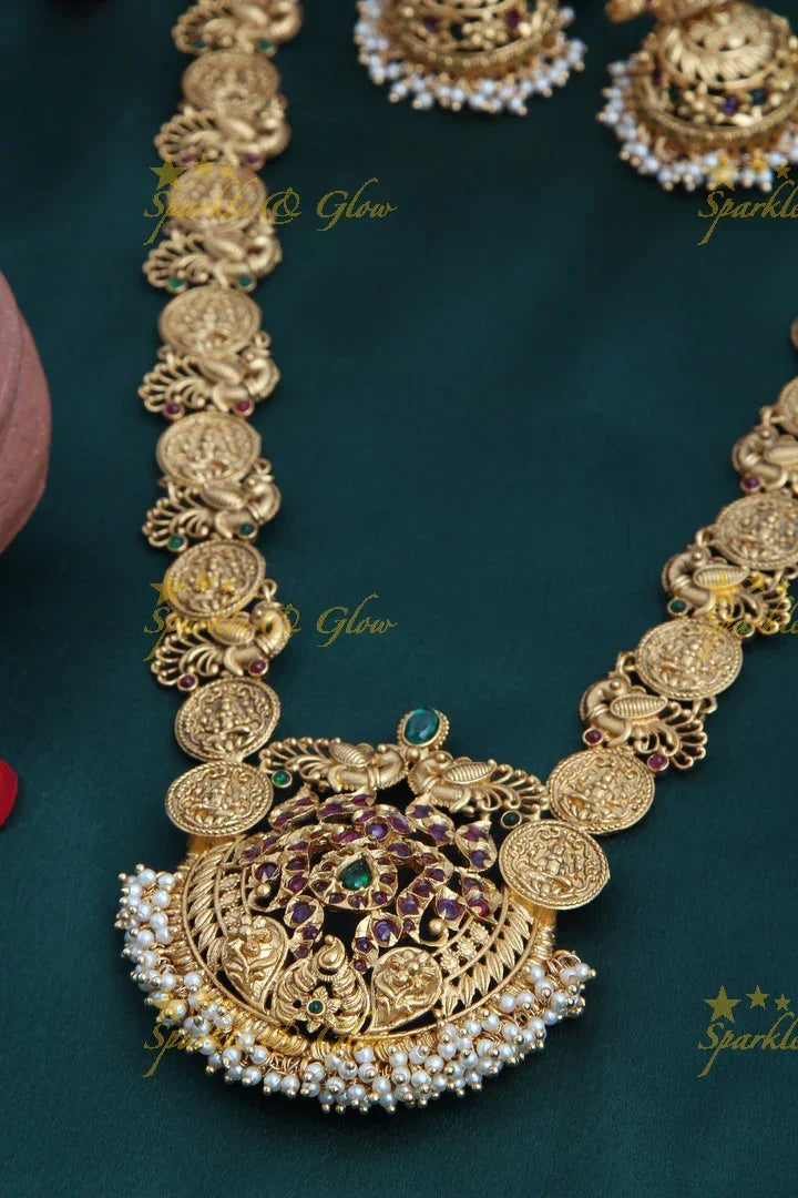 Gold alike polished coin and peacock design haram with kemp stones - Sparkle and Glow