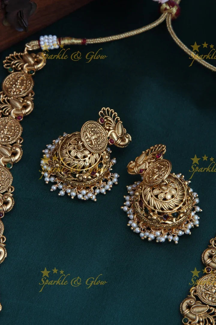Gold alike polished coin and peacock design haram with kemp stones - Sparkle and Glow