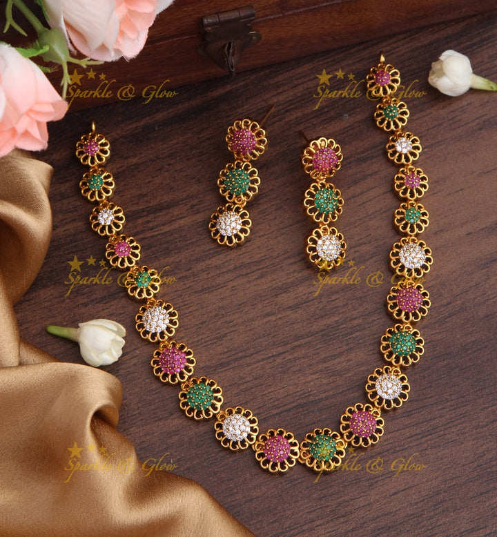 Premium Matte AD Stone floral short necklace